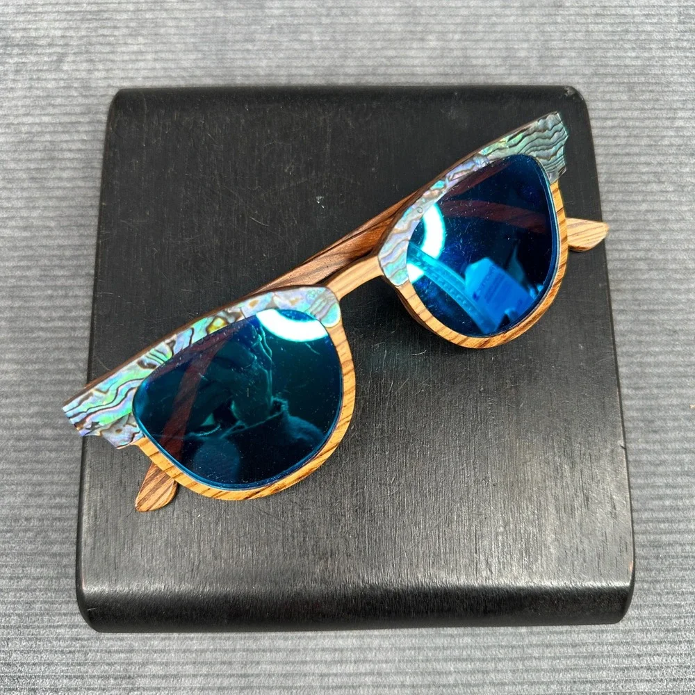 Soul California Wood Abalone Shell Sunglasses Blue Mirrored Lens Boho Wayfarer